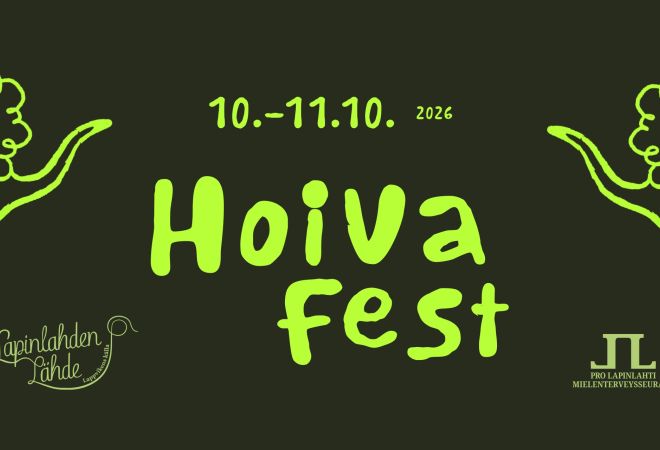 Kuva on Hoiva Festin tapahtumakuva, jossa on musta tausta ja vihreää tekstiä tapahtumasta.