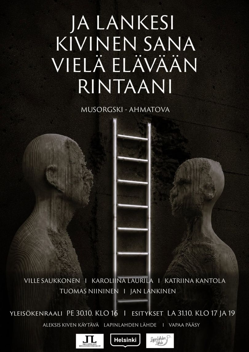 Kuva on esityksen mainoskuva, jossa on tekstiä tapahtumasta, tikapuut ja kaksi kivistä miehen rintakuvaa.