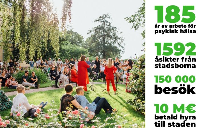 En grupp människor har samlats i den soliga trädgården för att lyssna på en konsert med en fioltrio.