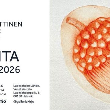 Kuva on Aarteita-näyttelyn mainoskuva, jossa on kuva terhosta ja tietoa näyttelystä