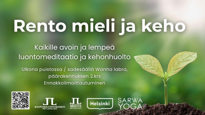 Rento mieli ja keho tapahtumien kansikuva kesälle 2026. Kuvassa tapahtumatiedot ja uudet logot, ei päivämääriä. Taustakuvana mullasta nouseva taimi vihreällä taustalla ja auringonvalolla