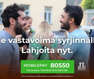 Kaksi hymyilevää miestä katsoo toisiaan. Otsikko ja lahjoitustiedot löytyvät tekstistä.