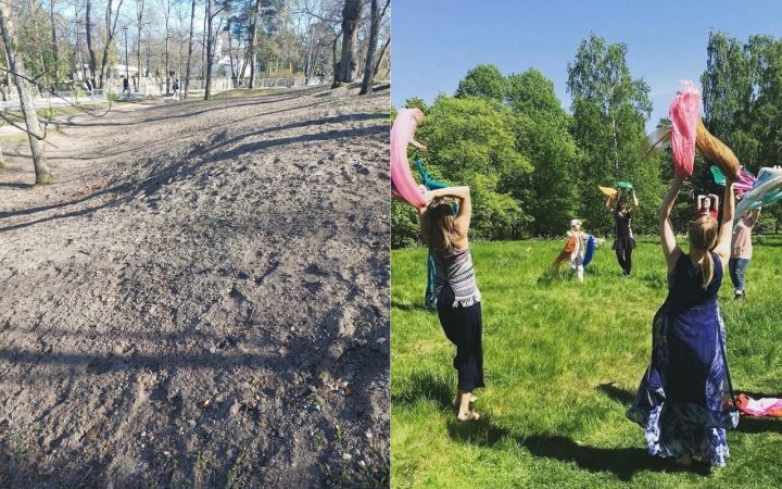 Ennen- ja jälkeen-kuvat lehmuskujan itäpuolella sijaitsevalta hyvitysalueelta. Ennen-kuvassa on ihmisiä tanssimassa nurmikolla. Jälkeen-kuvassa on ruskeanharmaata multaa ja soraa.
