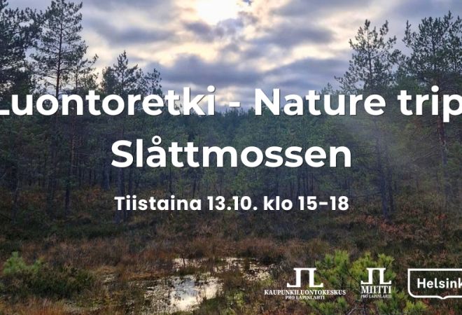 Luontoretki nature trip Slåttmossen info ja logot. Taustakuva on Slåttmossenin suota syksyllä auringonpaisteessa