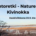 Luontoretki nature trip Kivinokka kuva jossa infot ja logot. Taustakuva Kivinokan lintulavalta syksyllä josta aavat näkymät vanhakaupunginlahdelle