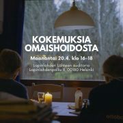 🌹Tervetuloa MA 20.4.2026 klo 16-18 Lapinlahden auditorioon kuulemaan, näkemään ja jakamaan kokemuksia omaishoidosta!

Ohjelma:

Tervetuliaissanat, Pro Lapinlahti mielenterveysseura ry

Hoivaloukossa - otteita omaishoitajan päiväkirjasta. Katsotaan 4 minuutin kohtaus dokumenttiprojektista. Elokuvantekijä Susanna Pesonen ja dokumentin päähenkilö Päivi Ahonen kertovat projektista.

Kokemusomaishoitajien puheenvuorot: arki, uupumus ja hoiva.

Katsaus omaishoidon tilanteeseen:
Marja Ruotsalainen, toiminnanjohtaja, Pääkaupunkiseudun omaishoitajat ry.

Omaishoitajien monimuotoisuus ja maahanmuuttajien tilanne:
Tuulikki Hakala, monikielisen omaistoiminnan asiantuntija, Pääkaupunkiseudun omaishoitajat ry.

KOHTI - havaintoja rajapinnalta - valokuvanäyttely on esillä Käytävägalleriassa. Esillä Susanna Pesosen työ Hoivaloukossa - otteita omaishoitajan päiväkirjasta.

Kahvila Lähde auditorion vieressä on avoinna klo 17 saakka, kahvit voi napata halutessaan mukaan auditorioon.