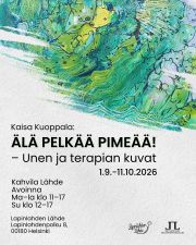 🍄🟫 Näin syksyn kynnyksellä kannattaa piipahtaa Lapinlahden Lähteelle, sillä gallerioissamme on esillä monta upeaa näyttelyä.
Anna siis taiteen pysäyttää, koskettaa ja johdattaa meren, luonnon, ihmisyyden, unien ja elämän eri vaiheiden äärelle.
Lämpimästi tervetuloa🧡
NÄYTTELYT:
Kaisa Kuoppala: Älä pelkää pimeää
1.9.–11.10.
Kahvila Lähde
Avoinna ma–la klo 11–17, su klo 12–17
Taitelija paikalla lauantaina 3.10. klo 13-16
Näyttelyssä yhdistyvät unista syntyneet kuvat ja taideterapian aikana tehdyt teokset. Kuvien ja niihin liittyvien tekstien kautta avautuu kipeitä, outoja mutta myös kannustavia ja humoristisia viestejä.
---
Julia Savtchenko: Kaikki oikein
Osasto5
17.9.–25.10.
Avoinna ma-la klo 11–17 ja su klo 12–17
Näyttelyn 16 villapaitaa ovat valmistuneet vuosina 2018–2026. Taiteilija on yhdistellyt erilaisia neuleohjeita sekä eripaksuisia lankoja ja puikkoja, jolloin jokaiselle paidalle on syntynyt oma uniikki ryhti ja luonne. Villapaita on suoja ja kokongi – pehmeä syli, jonka sisällä voi rakentaa itseään uudelleen. Näyttelyssä villapaidoista muodostuu taivaan poikki liitävä parvi.
---
Autismisäätiön syysnäyttely: Aarteita
6.8.–11.10.
Galleria kirjo, Venetsia-talo
Avoinna la–su klo 12–16
Syysnäyttelyssä nähdään Juho Arvilan, Milla Göösin, Johanna Konttisen, Hannah Sklarin ja Oliver Torresin teoksia, joissa seikkaillaan Pokémonien, My Little Ponyjen ja sarjakuvien maailmoissa sekä tutkitaan luonnon yksityiskohtia ja viivataiteen koristeellista estetiikkaa.
---
Rebekka Jylhä: Loppuun palanut
Käytävägalleria
1.9.–11.10.
Avoinna: ma-la 11–17, su 12–17
Näyttely kertoo loppuun palamisesta ja hitaasta toipumisesta – synkistäkin ajatuksista, mutta myös Toivosta. Teoksellaan taiteilija haluaa antaa äänen loppuun palaneille, lisätä ymmärrystä ja muistuttaa, että toipuminen on mahdollista, päivä kerrallaan.
SAAVUTETTAVUUS
Lapinlahden päärakennuksen 1. kerrokseen on esteetön kulku Ruoholahden puoleisen sivuoven rampin kautta. Tarvittaessa työntekijät auttavat sinua mielellään💚