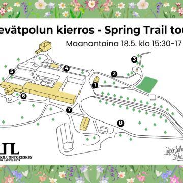 Kevätpolku 2026 kartta ja muokattu tekstiksi kevätpolun kierros spring trail tour ja ajankohta maanantai 18.5. kello 15:30-17