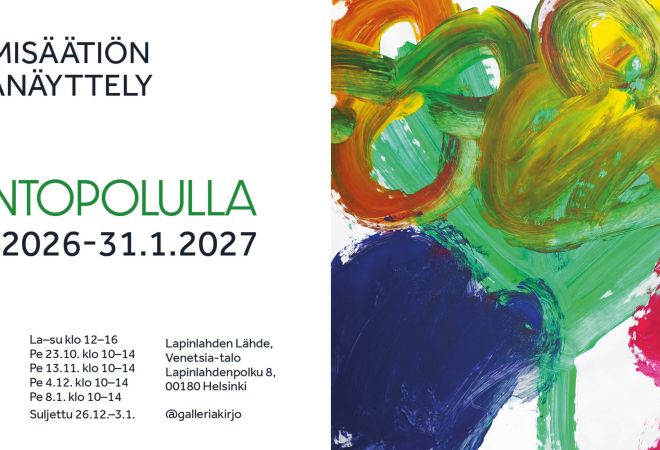 Kuva on Luontopolulla-näyttelyn mainoskuva, jossa on tietoa näyttelystä ja kuva teoksesta.
