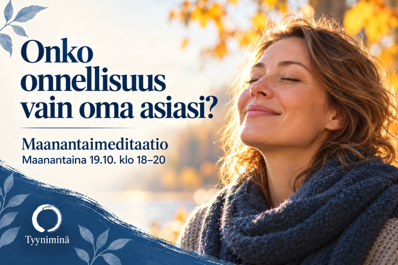 Kuva on Onko onnellisuus vain oma asiasi? -tapahtuman mainoskuva, jossa on naisen kasvot ja tietoa tapahtumasta