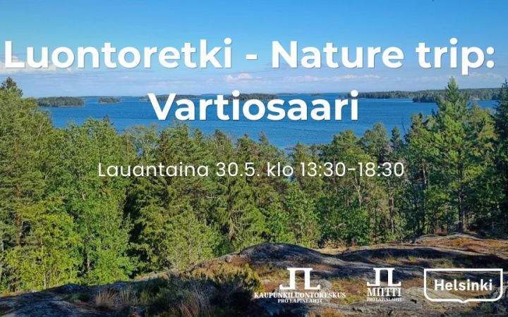Luontoretki nature trip Vartiosaari info ja logot. Taustakuva on Vartiosaaresta Vartiokalliolta josta näkee kauas merelle