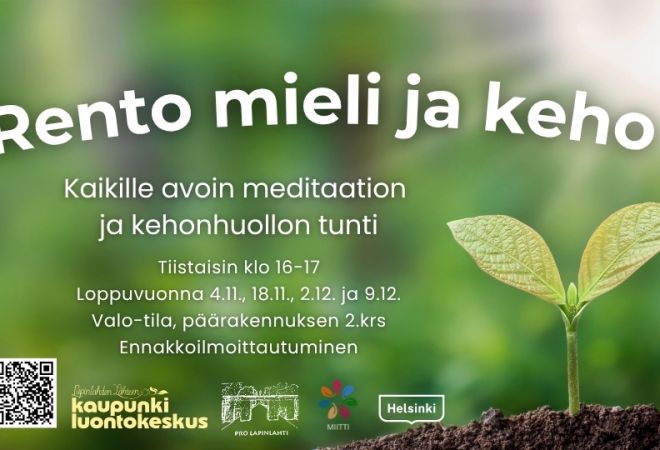 Rento mieli ja keho tapahtumakuva marraskuulle ja joulukuulle. Info ja logot, taustakuva on maasta nouseva taimi vihreässä taustassa auringonvalon kanssa Rento mieli ja keho cover picture for November and December. Infos and logos, background is a plant sprout rising from dirt, green light background