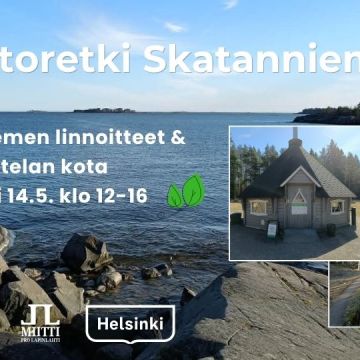 Luontoretki Skatanniemeen tapahtumakuva infot ja logot, taustakuvat Skatanniemeltä ja Uutelan kodalta
