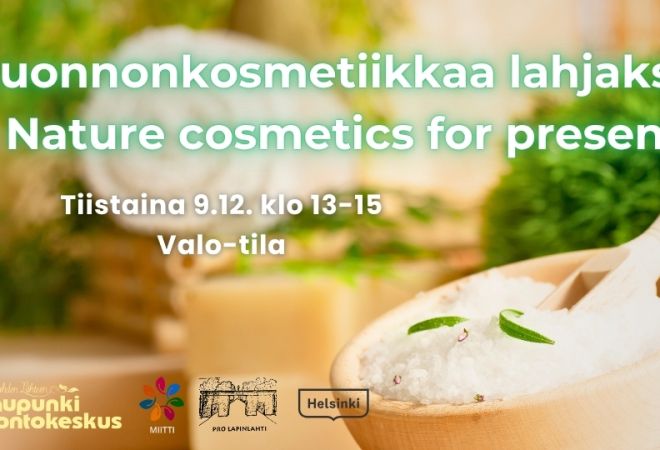 Luonnonkosmetiikkaa lahjaksi tapahtumakuva infon ja logojen kanssa. Taustakuvassa on kylpysuolaa purkissa kylpylämäisellä taustalla Luonnonkosmetiikkaa lahjaksi event cover picture with infos and logos. Background is a jar with bath salts, spa background