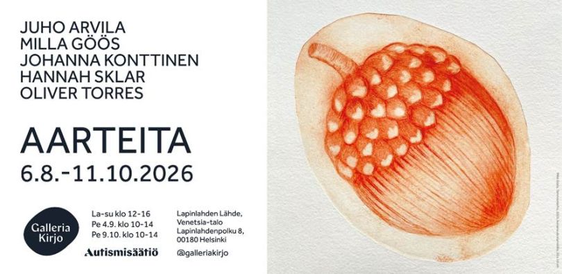 Kuva on Aarteita-näyttelyn mainoskuva, jossa on kuva terhosta ja tietoa näyttelystä