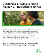 Välkommen med på avgiftsfri utbildning i Psykiska första hjälpen 2 – Det sårbara sinnet 

Till utbildningen är alla välkomna, som vill öka sin kunskap om psykisk ohälsa och bemötandet av människor med psykisk ohälsa samt om första hjälpen vid psykiska ohälsa.

Tid: lö 25.4.2026. kl.10 -16.30 och sö 26.4.2026 kl.10 -16:30

Plats: Lappvikens Källa, Lappviksstigen 8, 00180 Helsingfors

Som kursledare fungerar Johanna Cresswell-Smith, specialsakkunnig THL, och Nonni Mäkikärki, verksamhetsledare Pro Lappviken förening för mental hälsa rf.

Kursmaterial: Det sårbara sinnet - Psykiska första hjälpen 2 (boken delas ut på första kursdagen)

Besök www.psykiskaforstahjalpen.fi för mer information.

Psykiska första hjälpen®2 –utbildningen ger deltagaren:

• information om de vanligaste formerna av psykisk ohälsa och deras symtom
• färdigheter att erbjuda hjälp och hänvisa till behandling
• kunskap för att tillämpa psykiska första hjälpens fem steg

Utbildningen tar upp följande former av psykisk ohälsa och första hjälpen vid:

1. Depression
2. Traumatiska kriser
3. Beroendesjukdomar
4. Ångestsyndrom
5. Psykoser
6. Självdestruktivt beteende.

Maximiantal deltagare 20 personer. Anmälan senast 20.4.2026: 
https://forms.office.com/pages/responsepage.aspx?id=95XeE_hDcU6d78RCCYH4ZBCEXPv3OSpGjl0muMWb6NNUQ1YwRU9IWEJJTFE2TEgyQUw5UFlCTU1YRS4u&route=shorturl&fbclid=IwY2xjawRMThJleHRuA2FlbQIxMABicmlkETBmNEdTNEpockRsTlF4VmxCc3J0YwZhcHBfaWQQMjIyMDM5MTc4ODIwMDg5MgABHhkAnh9K1r7pm_8jtmOWnUONqM60kS5sDFxUTunXL20NdScmFQxGnklEKdbR_aem_lEQ9moO2-bLoTHm4lL0Pyw