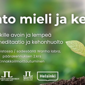 Rento mieli ja keho tapahtumien kansikuva kesälle 2026. Kuvassa tapahtumatiedot ja uudet logot, ei päivämääriä. Taustakuvana mullasta nouseva taimi vihreällä taustalla ja auringonvalolla