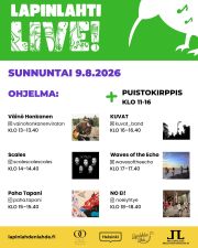 Tervetuloa vuoden toiseen ja viimeiseen huippusuosittuun Lapinlahti Live! -tapahtumaan Omenapuutalon kupeeseen sunnuntaina 9.8. klo 13–19! Tästä ei kannata jäädä paitsi!
Ohjelmassa liikutaan rehellisestä suomirockista psykedeeliseen indieen, melodisista balladeista avaruudellisiin äänimaisemiin ja tarttuvista poprock-kertosäkeistä räjähtävään punk-energiaan. Tunnelma elää herkkyydestä riehakkaaseen voimaan ja kutsuu heittäytymään mukaan!
OHJELMASSA:
Klo 13 Väinö Honkanen
Väinö Honkanen on vuodesta 2014 viihdyttänyt artistintynkä, jonka omaleimaisessa suomirockissa kuuluu vaikutteet niin bluesista, punkista kuin rautalankaiskelmistä. Kappaleissaan Honkanen käsittelee elämää ja ihmisyyttä omien kokemustensa kautta.
Klo 14 Scales
Indiecent suomurock from Helsinki. Scales on viisihenkinen tuore bändi Helsingistä, joka soittaa juuriltaan psykemausteista indietä, mutta makumatkoja tehdään niin punkin, postpunkin kuin altrockinkin suuntaan.
Klo 15 Paha Tapani
Paha Tapani on helsinkiläinen poprock-yhtye. Pandemian jälkeen rivinsä oikonut ja aktiivisesti soittanut ryhmä koostuu pitkänlinjan muusikoista, kellarikämppien nurkista aina suomirockin huipulle. Vaikka yhtye nojaa perinteiseen ilmaisuun ei mikään tyylilaji ole heille vieras.
Klo 16 KUVAT
Kuvat on Espoosta kotoisin oleva rockyhtye, jonka vaikutteet ulottuvat suomirock klassikoista aina 2000-luvun indie-suuruuksiin. Yhtye tarjoaa sekä melodisia ja leikkisän vilpittömiä balladeja, että progressiivisempaa tuotantoa, joita siivittävät efektoidut kitarariffit ja avaruudelliset syntikat.
Klo 17 Waves of the Echo
Waves of the Echo palaa 10 vuoden hiljaiselon jälkeen! Bändin musiikissa kuuluvat erityisesti 80- ja 90-lukulaiset vaikutteet, jotka kuitenkin sulautuvat ajattomaksi ja omaleimaiseksi tarttuvien melodioiden ja rytmien kudelmaksi.
Klo 18 NO EI!
Lokakuussa 2024 debyyttialbuminsa YLI LAIDAN julkaissut helsinkiläinen NO EI! varastaa meteliinsä ainekset samasta dkminortreathktmk refusedtblacksabbathblackflagnylonbeat-sammiosta kuin kaikki muutkin, kuulostaen hetkittäin myös omalta itseltään.
Tule viettämään musiikillinen rento kesäpäivä Lapinlahden vehreään puistoon, ja ota kaveri mukaan!