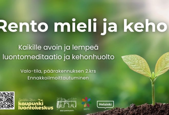 Rento mieli ja keho-tapahtuman kansikuva, jossa logot ja infot. Taustalla kasvin taimi kasvamassa mullasta vihreää taustaa ja aurinkoa vasten