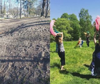 Ennen- ja jälkeen-kuvat lehmuskujan itäpuolella sijaitsevalta hyvitysalueelta. Ennen-kuvassa on ihmisiä tanssimassa nurmikolla. Jälkeen-kuvassa on ruskeanharmaata multaa ja soraa.