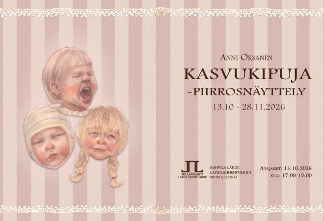 Kuva on Kasvukipuja-näyttelyn mainoskuva, jossa on tietoa näyttelystä ja pari piirrosta.