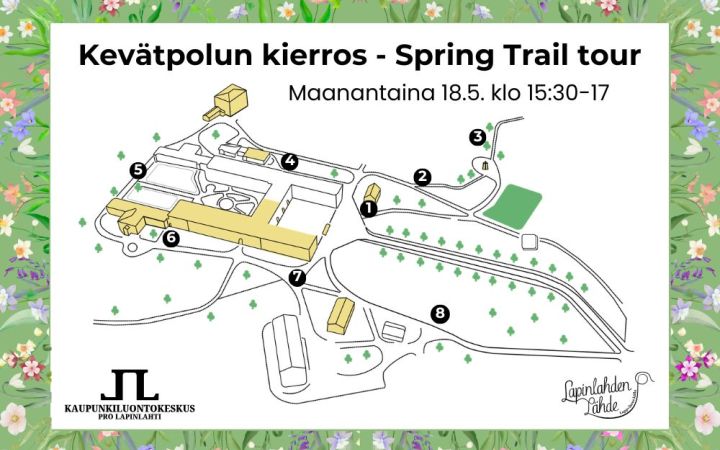 Kevätpolku 2026 kartta ja muokattu tekstiksi kevätpolun kierros spring trail tour ja ajankohta maanantai 18.5. kello 15:30-17