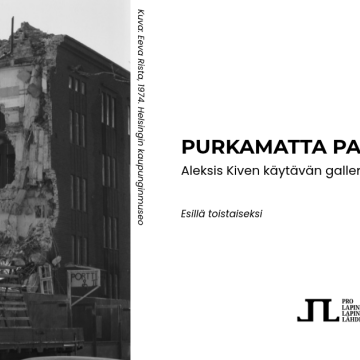 Purkamatta paras -näyttelyn mainoskuva, jossa on kuva ränsistyneestä rakennuksesta ja tietoa näyttelystä.