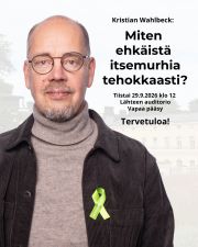 Emeritusprofessori Kristian Wahlbeck luennoi tiistaina 29.9. klo 12 aiheesta: "Miten ehkäistä itsemurhia tehokkaasti?" Lapinlahden Lähteen auditoriossa järjestettävä esitys on katsaus nykytietoon suomalaisista itsemurhista ja niiden tehokkaista ehkäisykeinoista.
Tervetuloa kuuntelemaan! Luennolle on vapaa pääsy.
Kristian Wahlbeck on psykiatri, psykoterapeutti ja itsemurhien ehkäisyn Käypä hoito -työryhmän jäsen.
Esitys on osa vuosikymmenien tauon jälkeen käynnistyvää luentosarjaa nimeltä Tiistai-meeting. Se on jo Lapinlahden sairaala-aikoina tiistaisin järjestetty luentosarja, jossa syvennyttiin mielenterveydenhoitoon.