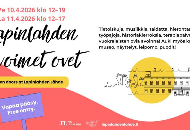 Valko-punaisella taustalla pyöreä pallo ja rakennuksen ääriviivat.