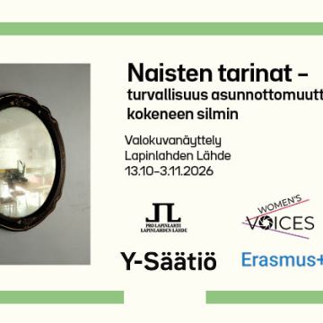 Kuva on Naisten tarinat -näyttelyn mainoskuva, jossa on tietoa näyttelystä ja kuva teoksesta.