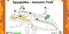Syyspolku event picture with logos, the map of Lapinlahti park with the crosspoint markings. Dark orange frame with autumn leaves