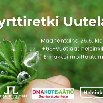 Villiyrttiretki Uutelassa retken tiedot ja logot, taustakuva on poimulehti Anne Virtasen kädessä