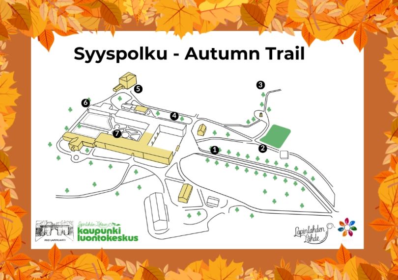 Syyspolku event picture with logos, the map of Lapinlahti park with the crosspoint markings. Dark orange frame with autumn leaves