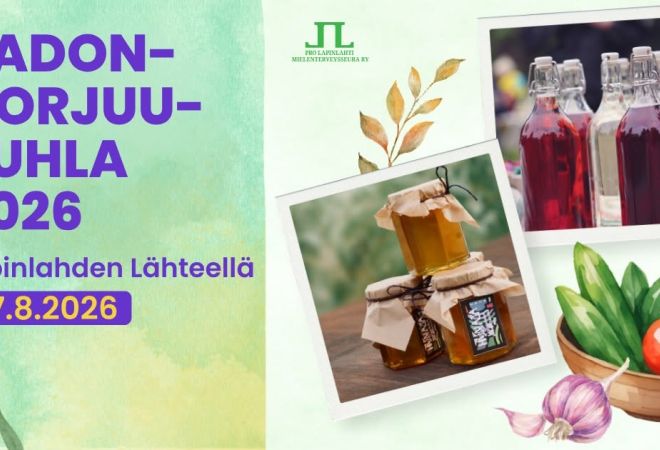 Kuva on Lapinlahden sadonkorjuujuhlan mainoskuva, jossa tietoa tapahtumasta ja valokuvia tuotteista