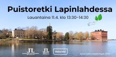 Puistoretki Lapinlahdessa tapahtumakuva jossa aikataulu ja logot. Maisema Lapinlahden puistosta rantareitiltä jossa näkyy Venetsiatalo puistoa ja Lapinlahtea