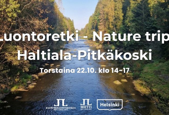 Luontoretki nature trip Haltiala-Pitkäkoski tapahtuman info ja logot. Taustakuva on Pitkäkoskelta koskea syksyisessä auringonpaisteessa ja erilaisia puita reunoilla