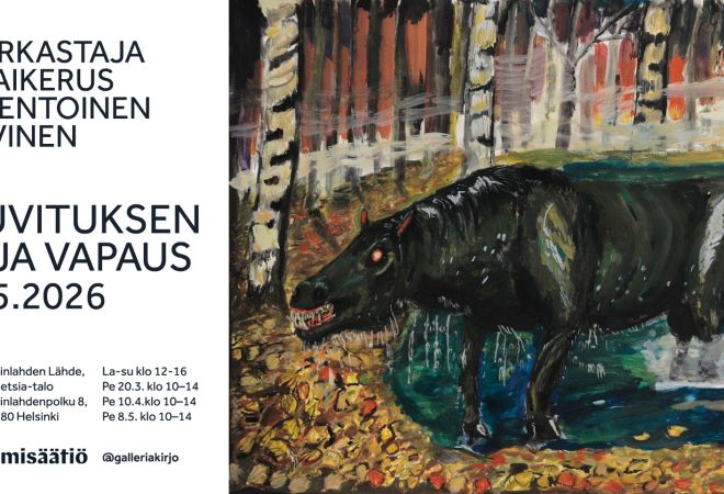 Taidenäyttelyn tiedot ja kuva jossa musta eläin metsässä.