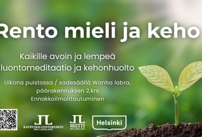 Rento mieli ja keho tapahtumien kansikuva kesälle 2026. Kuvassa tapahtumatiedot ja uudet logot, ei päivämääriä. Taustakuvana mullasta nouseva taimi vihreällä taustalla ja auringonvalolla