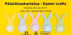 Pääsiäisaskartelua easter crafts tapahtuman kuva jossa tiedot ja logot. Kuvassa keltainen tausta jossa erivärisiä kartonkipupuja vanuhännillä