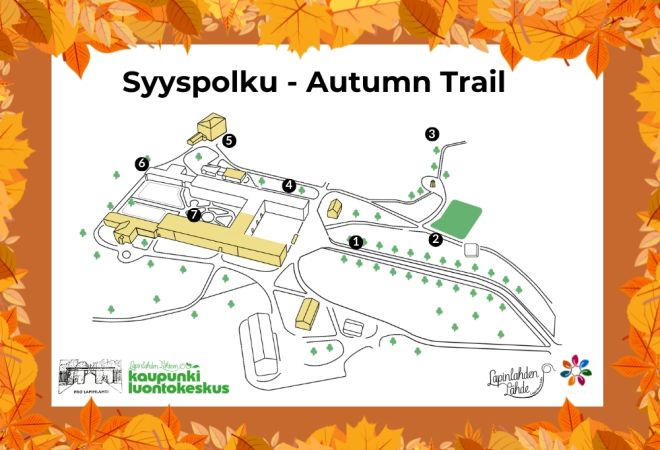 Syyspolku event picture with logos, the map of Lapinlahti park with the crosspoint markings. Dark orange frame with autumn leaves