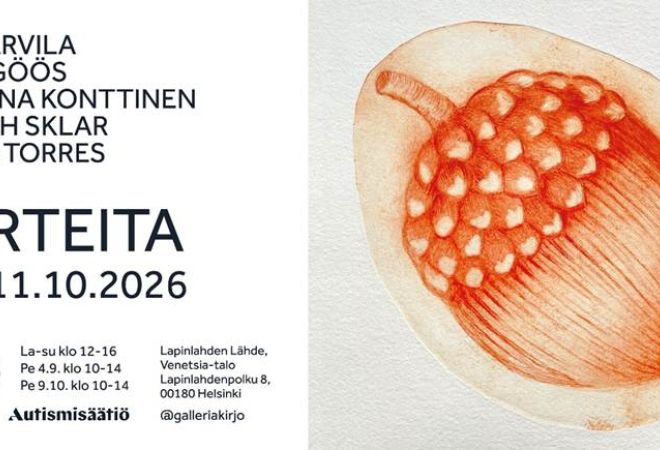 Kuva on Aarteita-näyttelyn mainoskuva, jossa on kuva terhosta ja tietoa näyttelystä