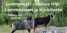 Luontoretki nature trip lammassaari ja kuusiluoto tapahtuman kansikuva jossa infot ja logot. Taustakuva on Jukka Leppikankaan ottama kuva kahdesta tummasta lampaasta Kuusiluodossa kesällä 2025