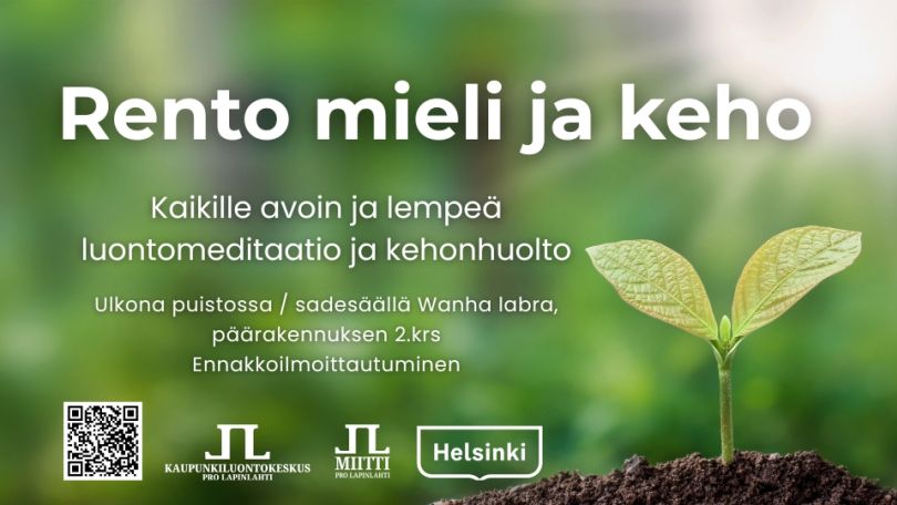Rento mieli ja keho tapahtumien kansikuva kesälle 2026. Kuvassa tapahtumatiedot ja uudet logot, ei päivämääriä. Taustakuvana mullasta nouseva taimi vihreällä taustalla ja auringonvalolla