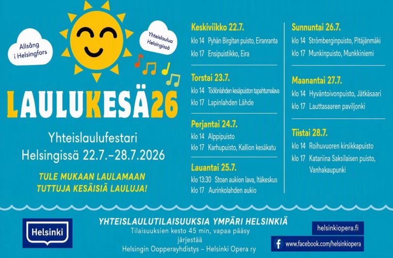 Kuva on LauluKesä 26 -tapahtuman mainoskuva, jossa on tapahtuman tiedot ja päivämäärät.