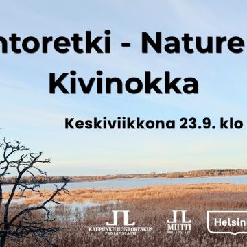 Luontoretki nature trip Kivinokka kuva jossa infot ja logot. Taustakuva Kivinokan lintulavalta syksyllä josta aavat näkymät vanhakaupunginlahdelle