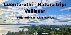 Luontoretki nature trip vallisaari tapahtuman kuva jossa infot ja logot. Taustakuva on Aleksanterinpatterilta näköala laajalle merelle Vallisaareen ja Suomenlinnaan