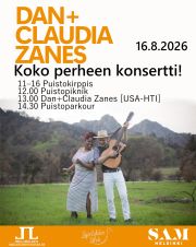 🇫🇮 Dan & Claudia Zanes – musiikkia kaikenikäisille su 16.8.2026 Lapinlahdessa! Päivän aikana voit esityksen lisäksi nauttia puistokirppiksestä ja -piknikistä sekä kokeilla puistoparkouria. 

Dan ja Claudia ovat tehneet musiikkia yhdessä vuodesta 2016 lähtien. He työskentelevät myös aistiystävällisten musiikkielämysten puolesta. Erityisryhmiin kuuluvat lapset ja aikuiset ovat lämpimästi tervetulleita.

Ohjelma:
11–16 Puistokirppis
12 Puistopiknik
13 Dan & Claudia Zanes – konsertti
14.30 Puistoparkour-kokeilu

Paikka: Omenapuutalon lava, Lapinlahden Lähde, Helsinki. Vapaa pääsy!

Grammy-palkittu roots-rokkari ja lastenmusiikin legenda Dan Zanes sekä jazzvokalisti ja musiikkiterapeutti Claudia Zanes esittävät jazzilla maustettua roots-folkia, folk- ja jazzklassikoita sekä mukaansatempaavia, haitilaisesta musiikkiperinteestä ammentavia omia kappaleita.

🇬🇧 Dan & Claudia Zanes – Music for All Ages! Alongside the concert, visitors can enjoy a park flea market and picnic and take part in a parkour try-out session. 

Dan and Claudia have been making music together since 2016 and are also committed to creating sensory-friendly musical experiences. Children and adults with special needs are especially welcome.

Programme
11:00–16:00 Park Flea Market
12:00 Park Picnic
13:00 Dan & Claudia Zanes – Concert
14:30 Parkour Try-Out Session

Date: Sunday, 16 August 2026
Venue: Apple Tree House Stage, Lapinlahden Lähde, Helsinki
Free admission

Grammy Award-winning roots rock and children’s music legend Dan Zanes, together with acclaimed jazz vocalist and music therapist Claudia Zanes, will perform jazz-infused roots folk, roots, folk and jazz classics, engaging original songs, and the communal joy of Haitian musical traditions.