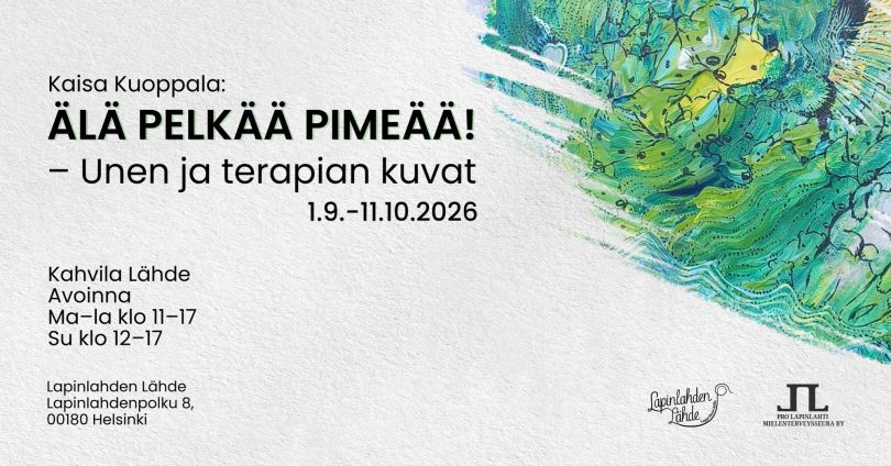 Kuva on Älä pelkää pimeää -näyttelyn mainoskuvat, jossa on tietoa näyttelystå