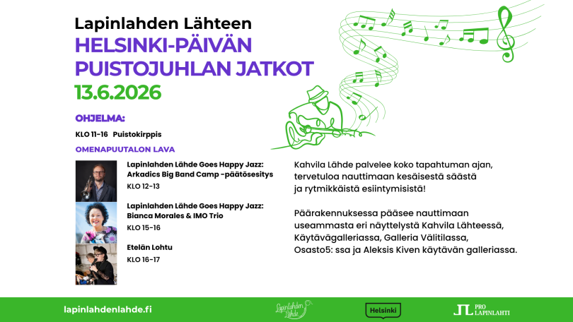 Helsinki-päivän jatkot 13.6.2026. Musiikkia, puistokirppistä, näyttelyitä, ja kahviloita auki.