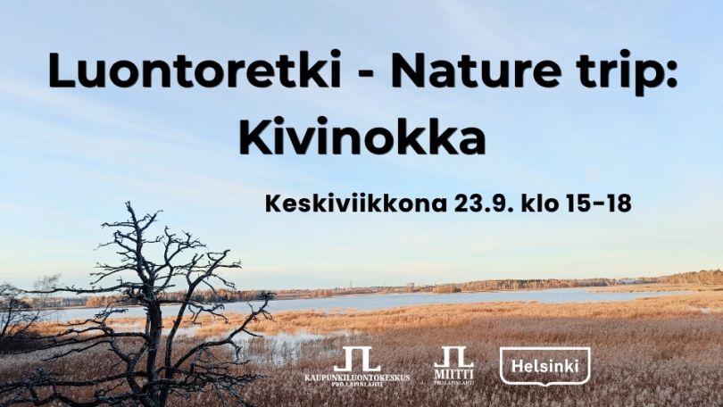 Luontoretki nature trip Kivinokka kuva jossa infot ja logot. Taustakuva Kivinokan lintulavalta syksyllä josta aavat näkymät vanhakaupunginlahdelle